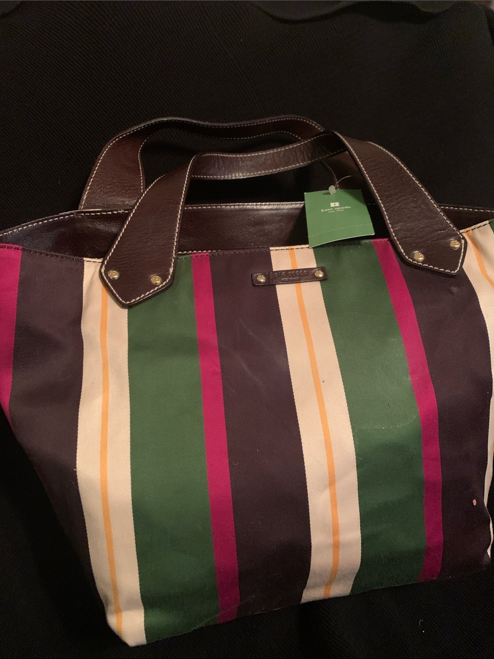kate spade Striped Canvas Tote in Green, Magenta, Cream & Brown